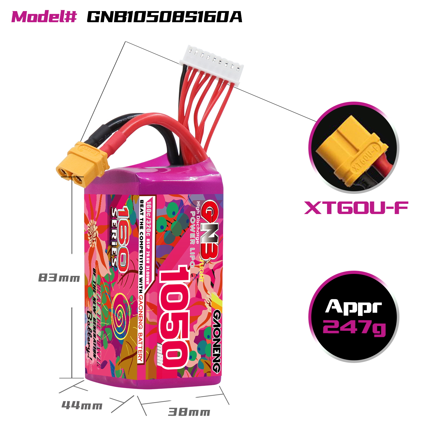 GAONENG GNB 8S 29.6V 1050mAh 160C XT60 LiPo Battery