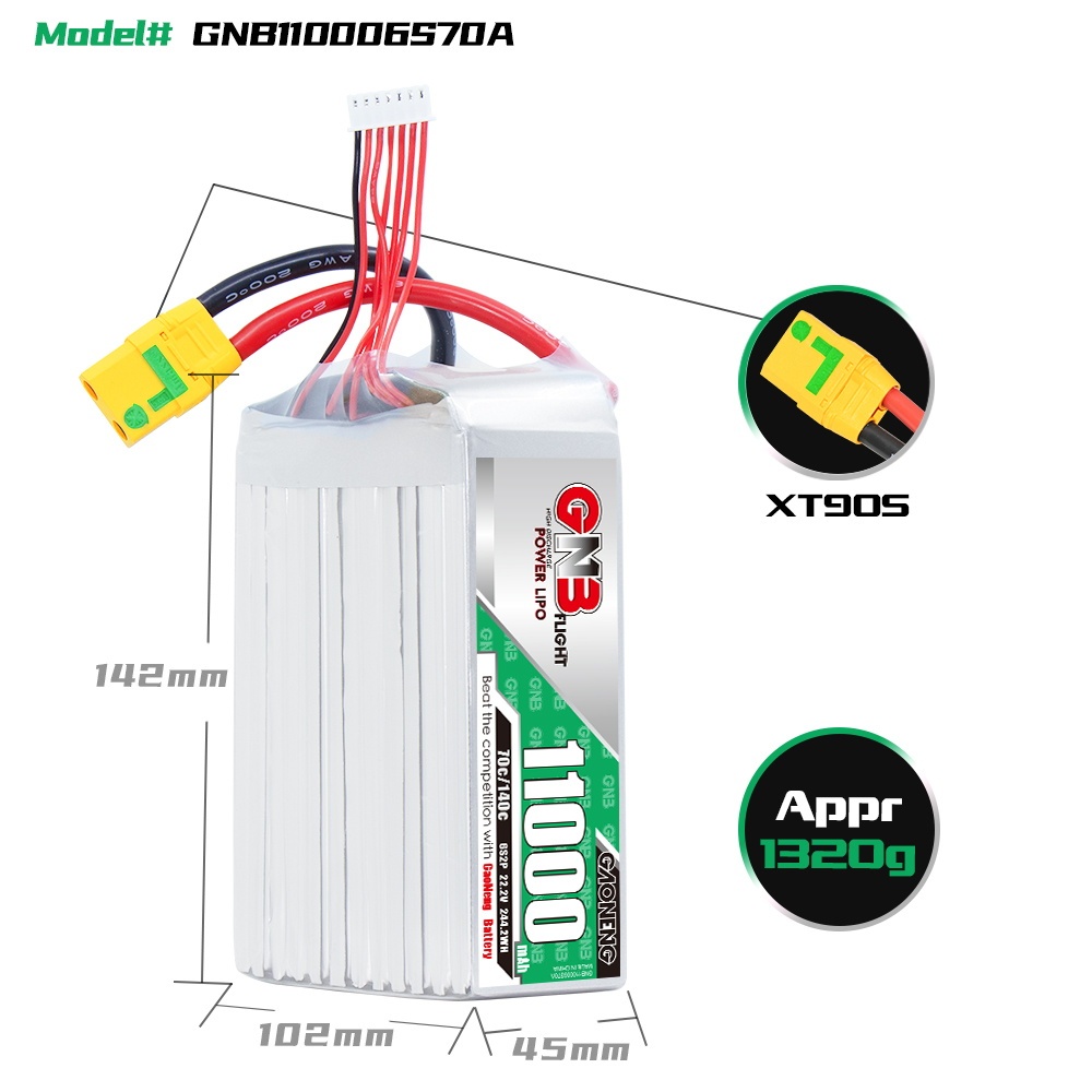 GAONENG GNB 6S 22.2V 11000mAh 11AH 70g RC LiPo Battery XT90S Anti Spark