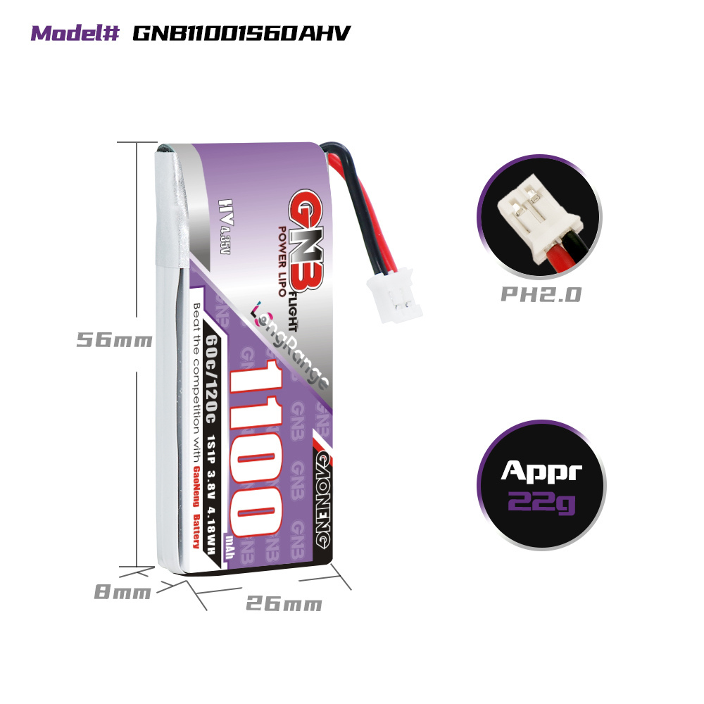 GAONENG GNB LiHV 1S 3.8V 1100mAh 60C PH2.0 Cabled LiPo Battery Long Range
