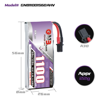 GAONENG GNB LiHV 1S 3.8V 1100mAh 60C A30 Cabled LiPo Battery Long Range