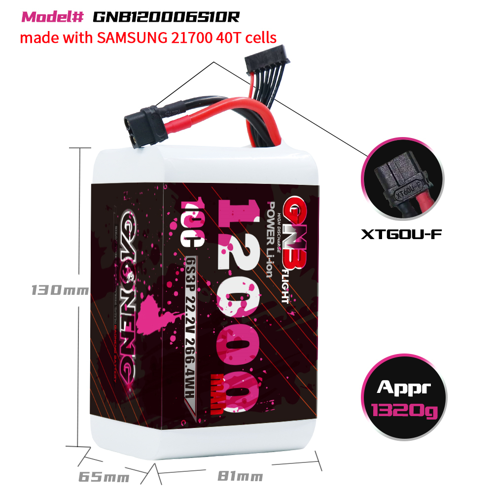 GAONENG GNB 6S 22.2V 12000mAh 10C XT60 Li-ion Battery made with Samsung 21700