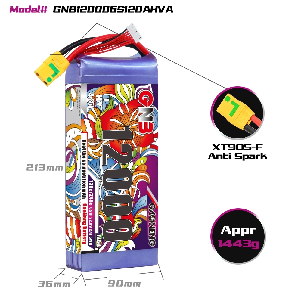[Copy]GAONENG GNB 12000mAh 6S 22.8V HV 120C RC LiPo Battery XT90S
