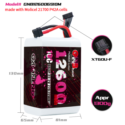 GAONENG GNB 6S 22.2V 12600mah 10C XT60 Li-ion Battery made with Molicel 21700 P42A