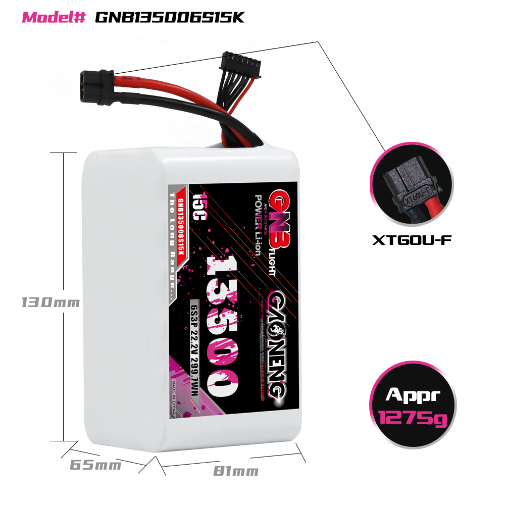 GAONENG GNB 6S 22.2V 13500mah 15C XT60 Li-ion Battery 