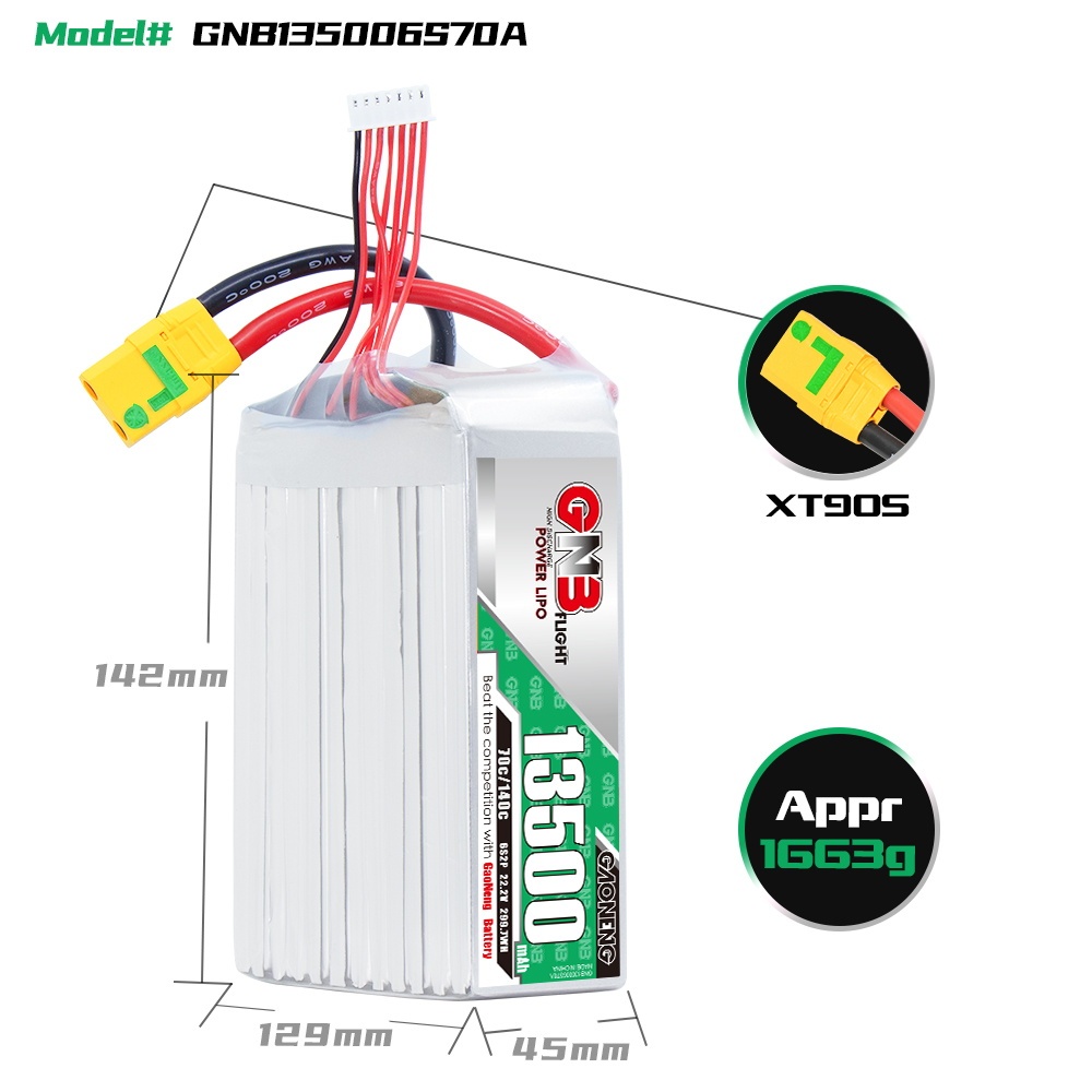 GAONENG GNB 6S 22.2V 13500mah 70g RC LiPo Battery XT90S Anti Spark