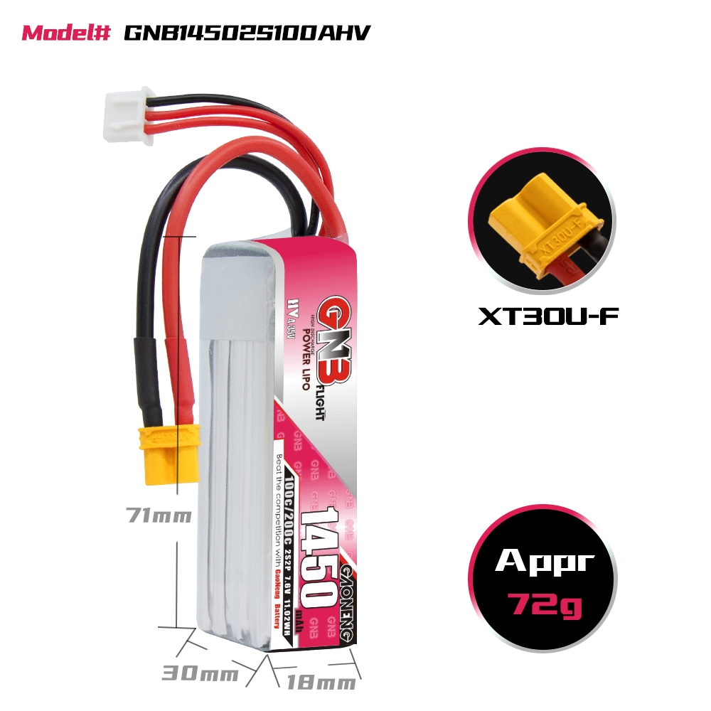GAONENG GNB LiHV 2S 7.6V 1450mAh 100C XT30 LiPo Battery