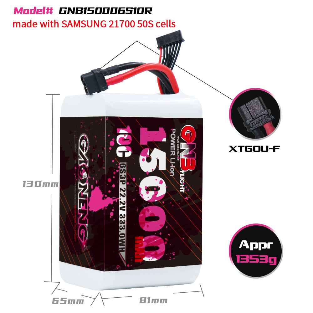 GAONENG GNB 6S 22.2V 15000mAh 10C XT60 Li-ion Battery made with Samsung 21700 50S