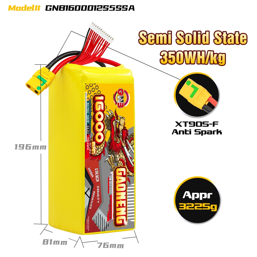 GAONENG GNB 16000mah 12S 44.4V 5C XT90S Semi Solid State Li-ion Battery 350WH/kg