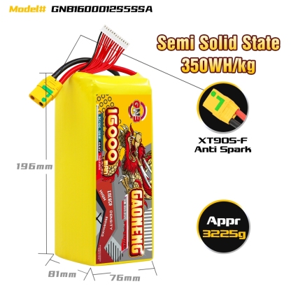 GAONENG GNB 16000mah 12S 44.4V 5C XT90S Semi Solid State Li-ion Battery 350WH/kg