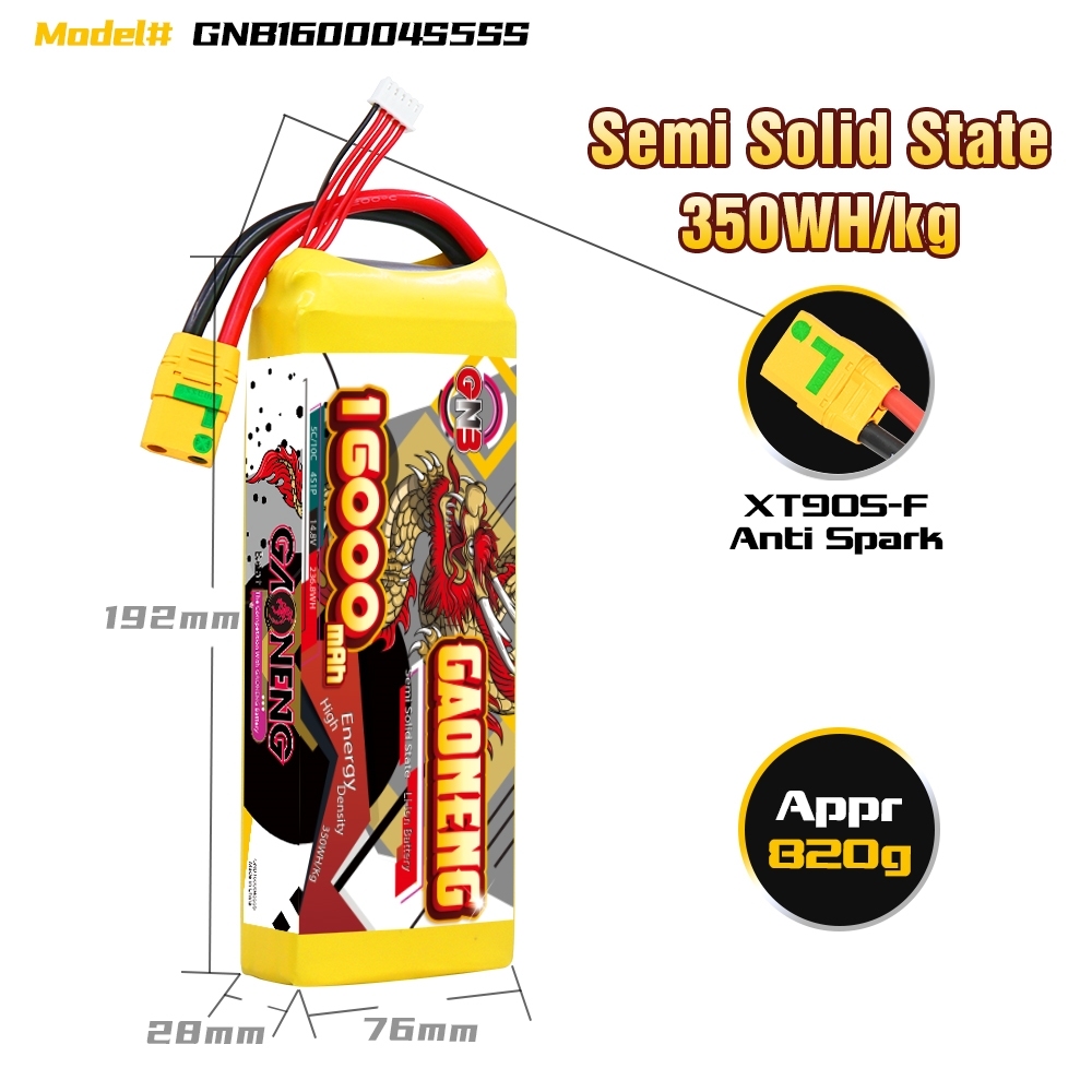 GAONENG GNB 16000mah 4S 14.8V 5C XT90S Semi Solid State Li-ion Battery 350WH/kg