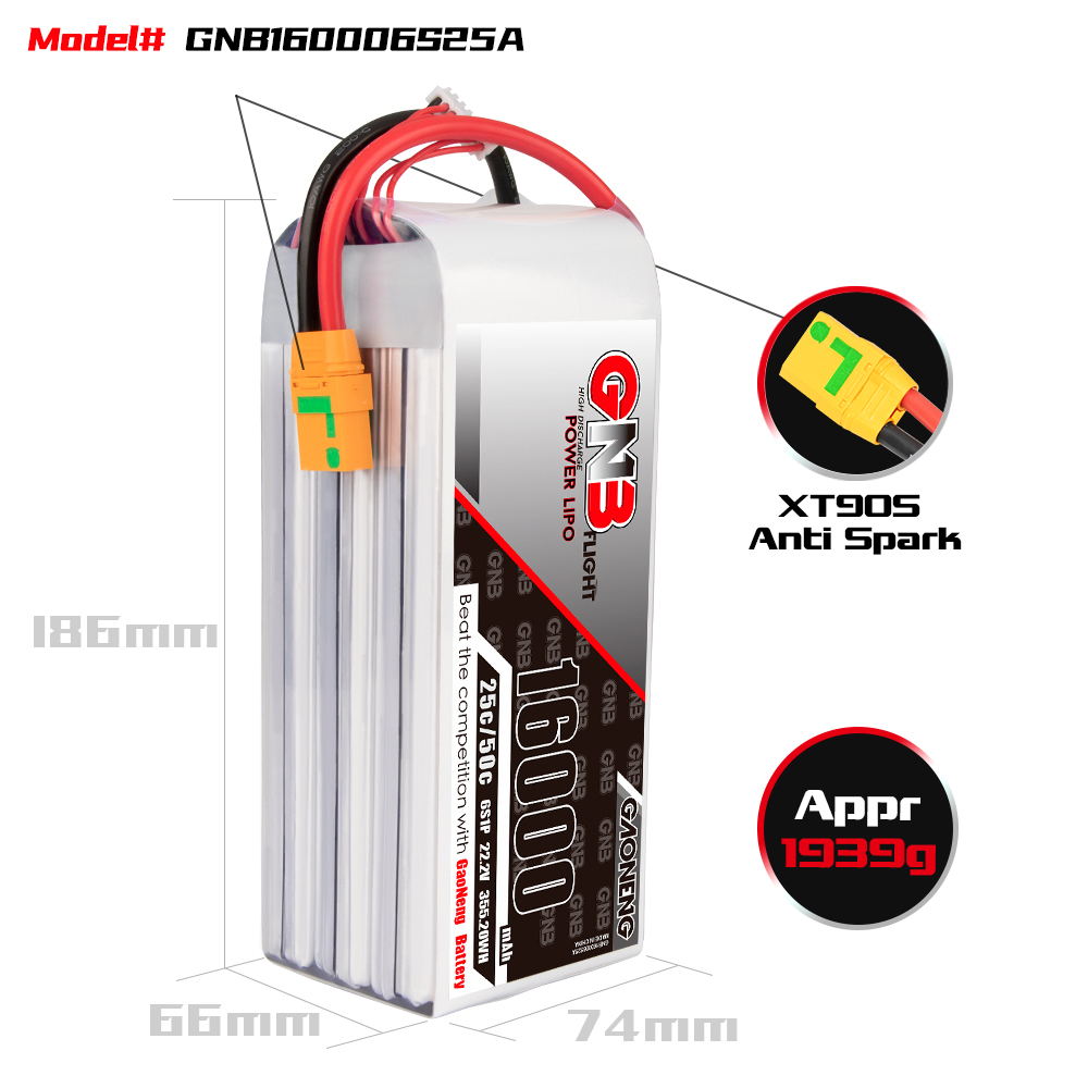 GAONENG GNB 6S1P 22.2V 16000mAh 25C RC LiPo Battery XT90S Anti-Spark