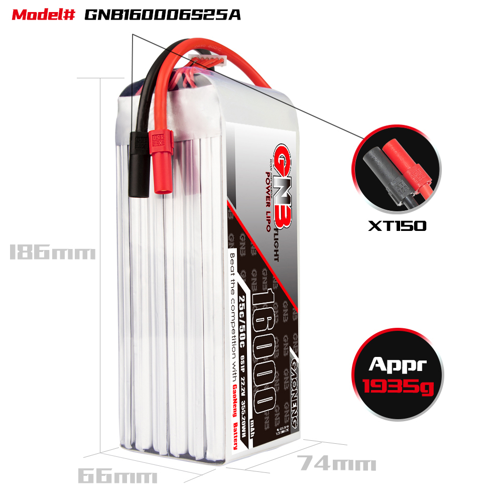 GAONENG GNB 6S1P 22.2V 16000mAh 25C RC LiPo Battery XT150 