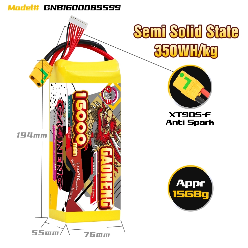 GAONENG GNB 16000mah 8S 29.6V 5C XT90S Semi Solid State Li-ion Battery 350WH/kg
