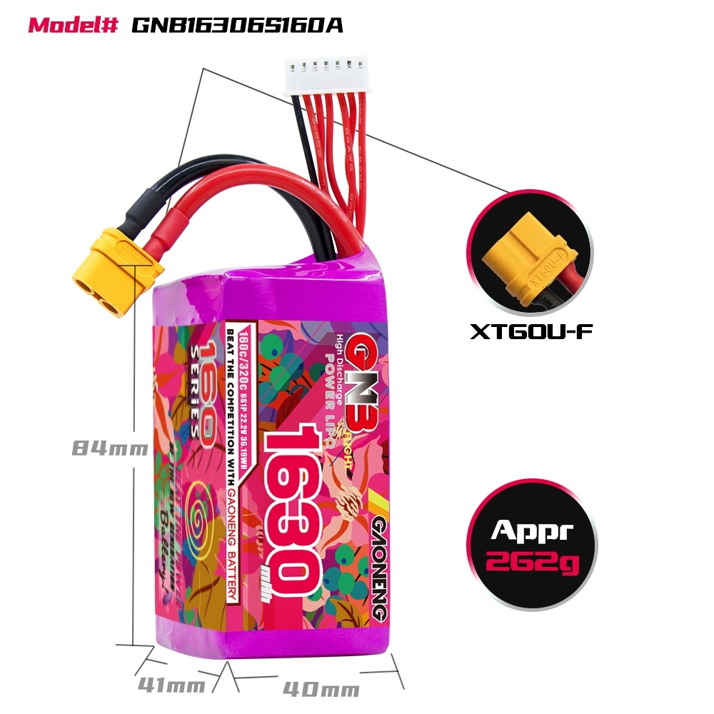 GAONENG GNB 6S 22.2V 1630mAh 160C XT60 LiPo Battery
