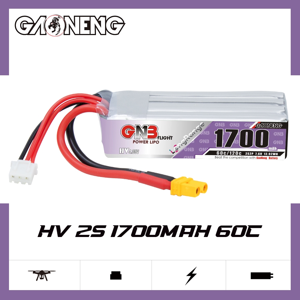 GAONENG GNB LiHV 2S2P 7.6V 1700mAh 60C XT30 LiPo Battery Long Range