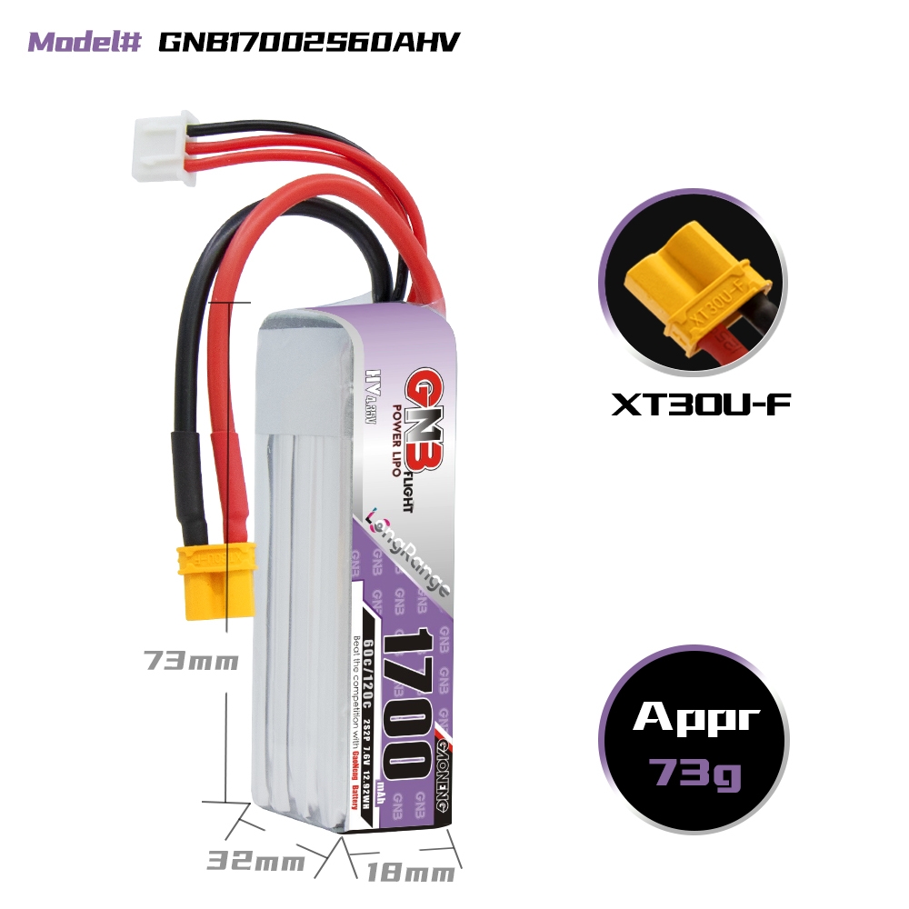 GAONENG GNB LiHV 2S2P 7.6V 1700mAh 60C XT30 LiPo Battery Long Range
