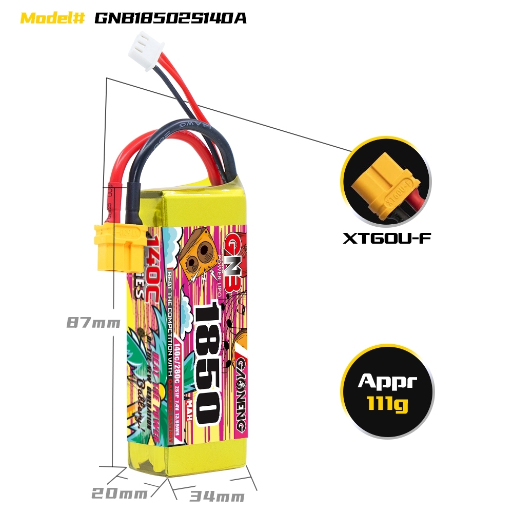 GAONENG GNB 2S 7.4V 1850mAh 140C LiPo Battery XT60 Connector