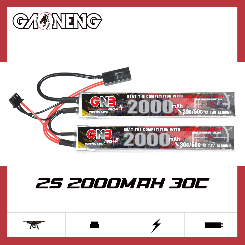 2PCS - GAONENG GNB 2S 7.4V 2000mAh 30C Mini Tamiya 2 Cells LiPo Battery for AirSoft