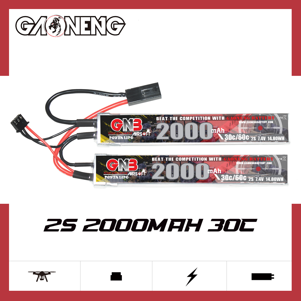 2PCS - GAONENG GNB 2S 7.4V 2000mAh 30C Mini Tamiya 2 Cells LiPo Battery for AirSoft