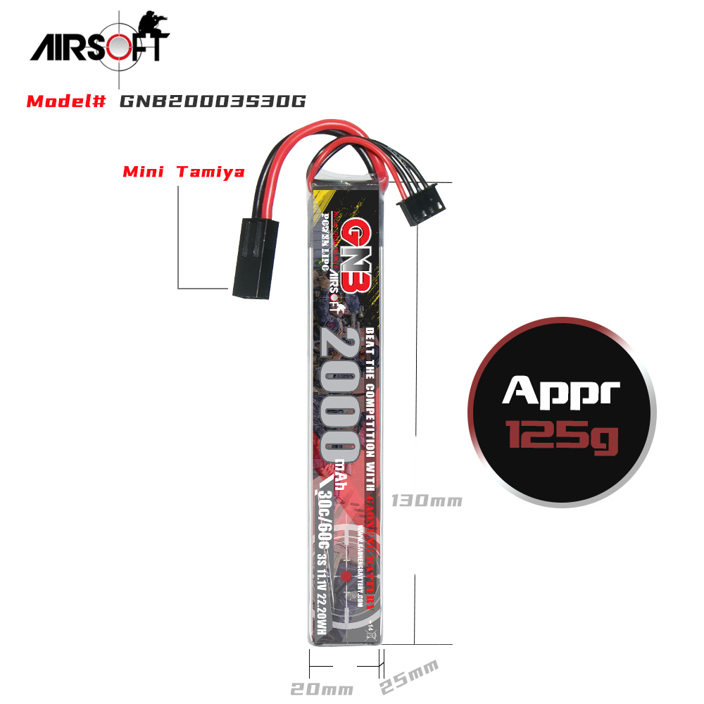 2PCS - GAONENG GNB 3S 11.1V 2000mAh 30C Mini Tamiya LiPo Battery for AirSoft