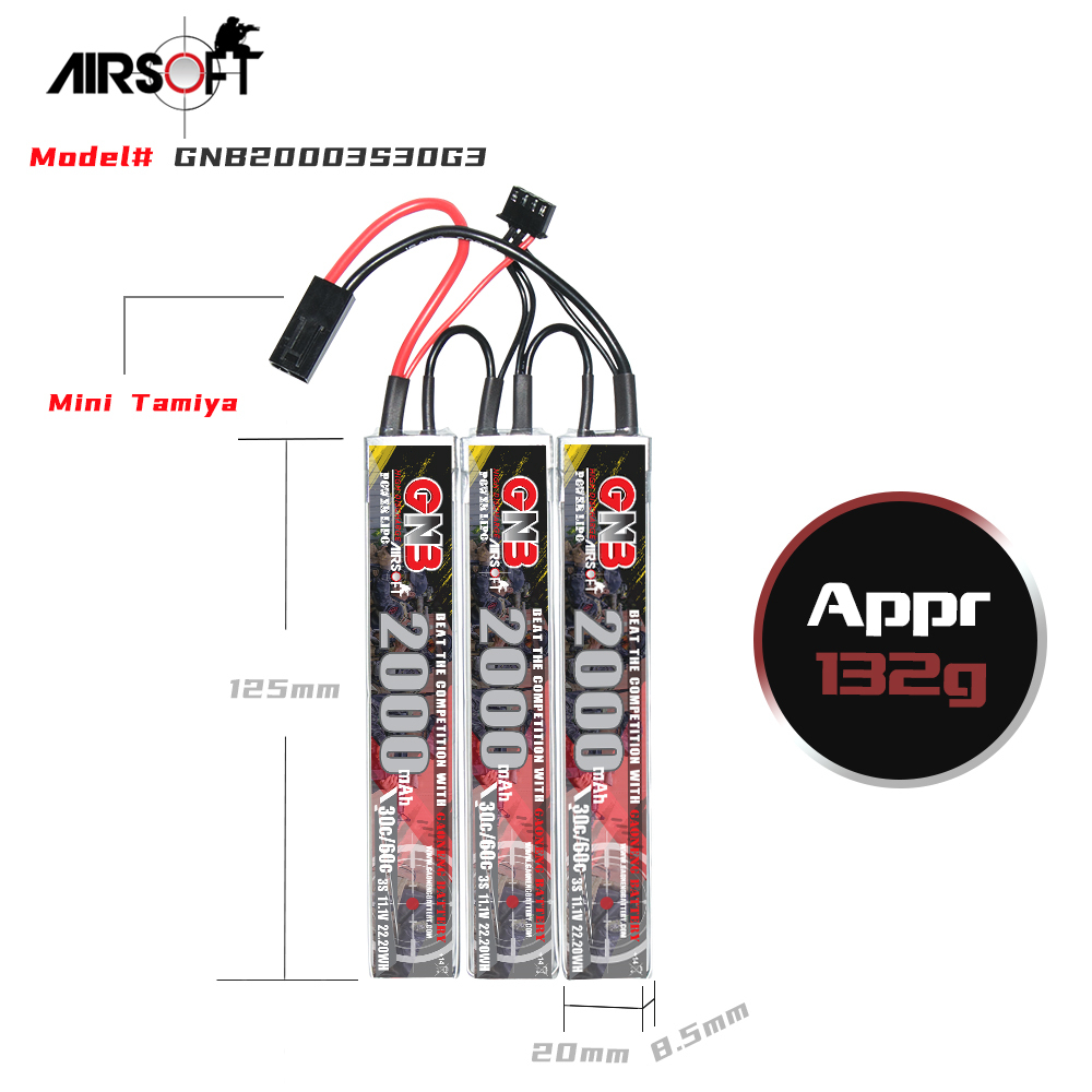 2PCS - GAONENG GNB 3S 11.1V 2000mAh 30C Mini Tamiya 3 Cells LiPo Battery for AirSoft
