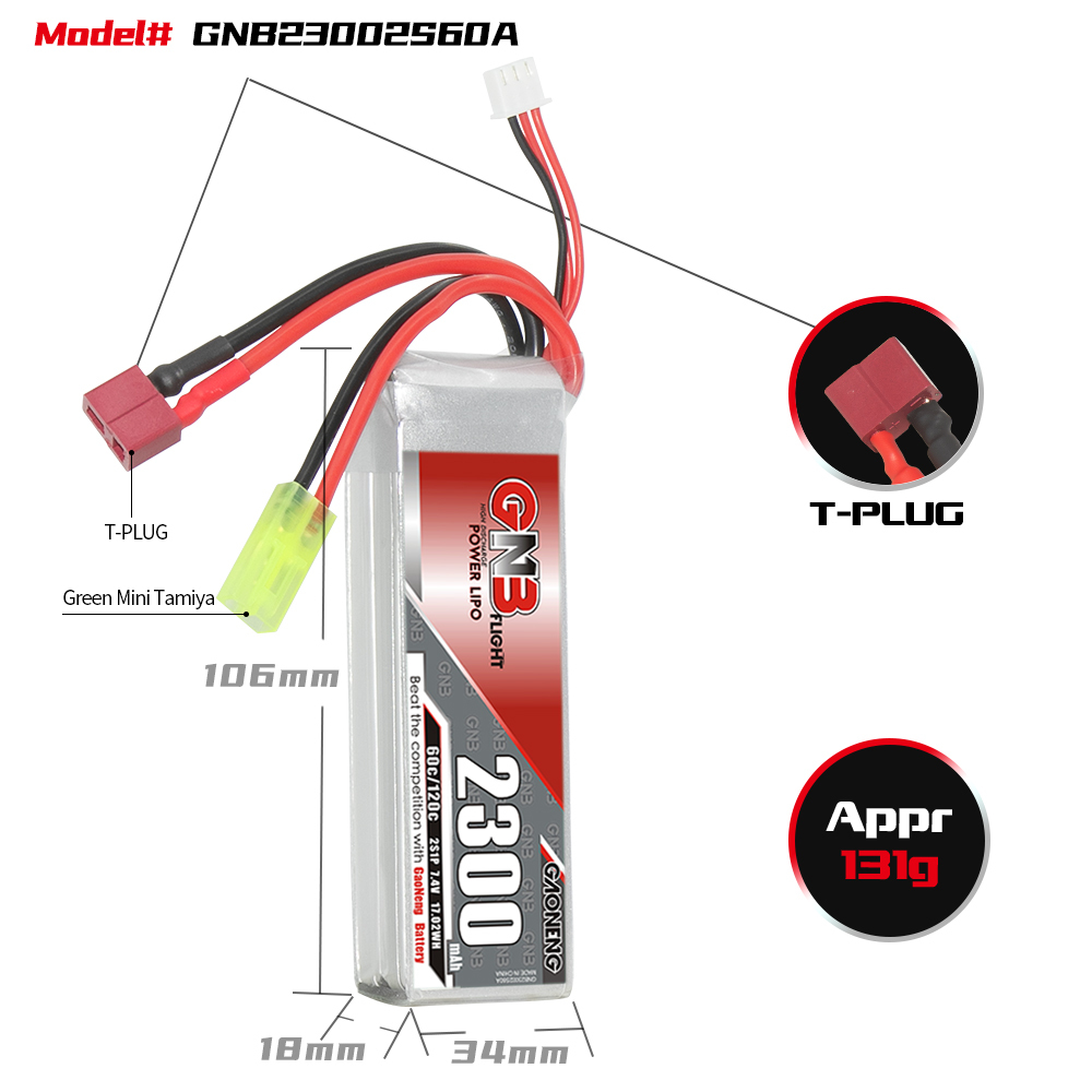 GAONENG GNB 2S 7.4V 2300mAh 60C LiPo Battery T-PLUG & Green Mini Tamiya Connector