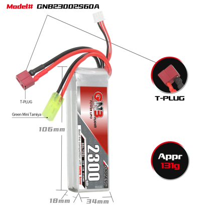 GAONENG GNB 2S 7.4V 2300mAh 60C LiPo Battery T-PLUG & Green Mini Tamiya Connector