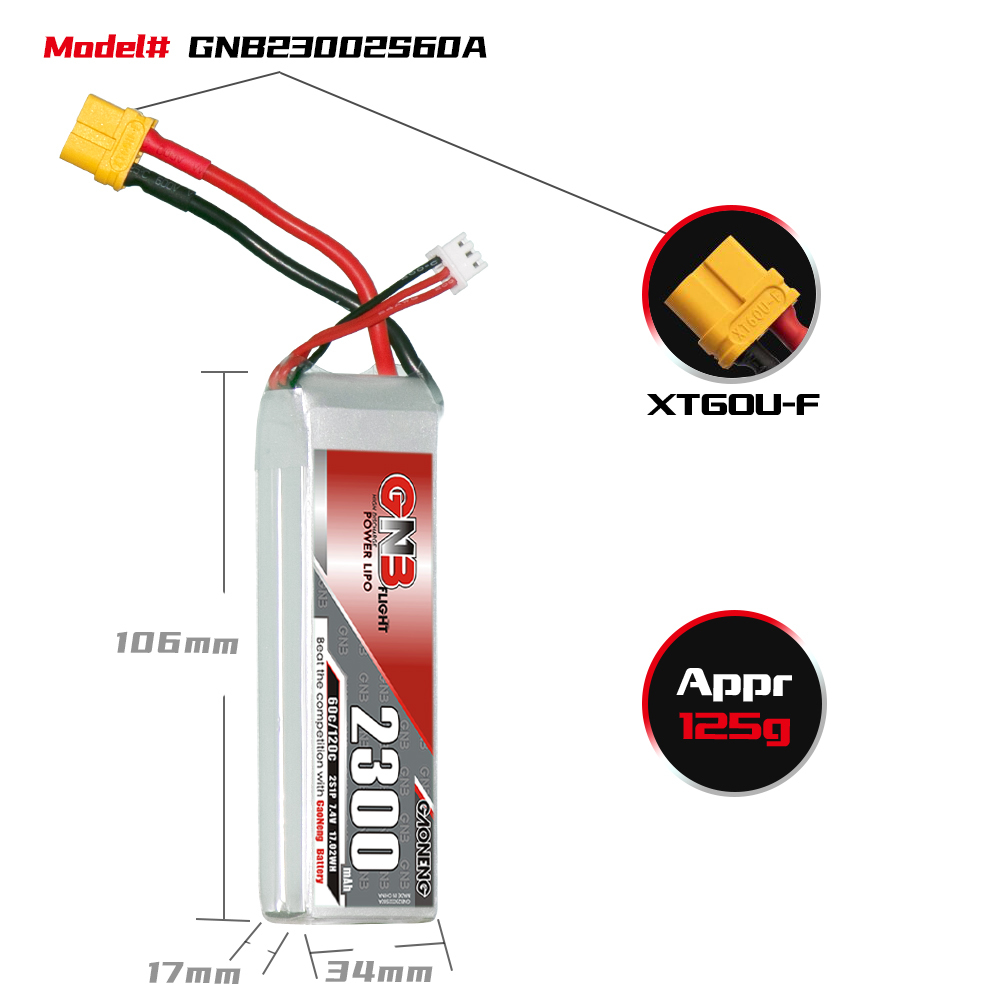 GAONENG GNB 2S 7.4V 2300mAh 60C LiPo Battery XT60 Connector