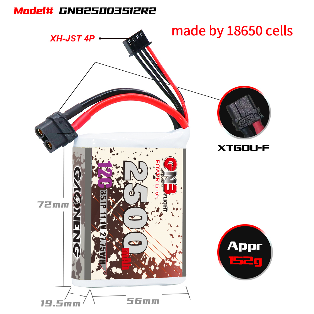 GAONENG GNB 3S 11.1V 3000mAh 10C XT60 Li-ion Battery made with 18650 cells