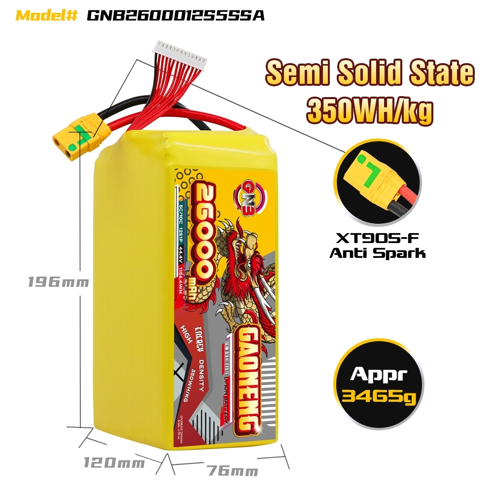 GAONENG GNB 26000mah 12S 44.4V 5C XT90S Semi Solid State Li-ion Battery 350WH/kg