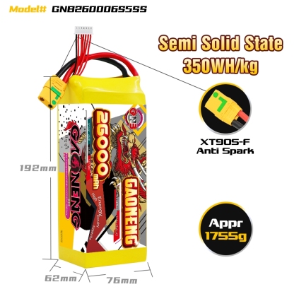 GAONENG GNB 26000mah 6S 22.2V 5C XT90S Semi Solid State Li-ion Battery 350WH/kg
