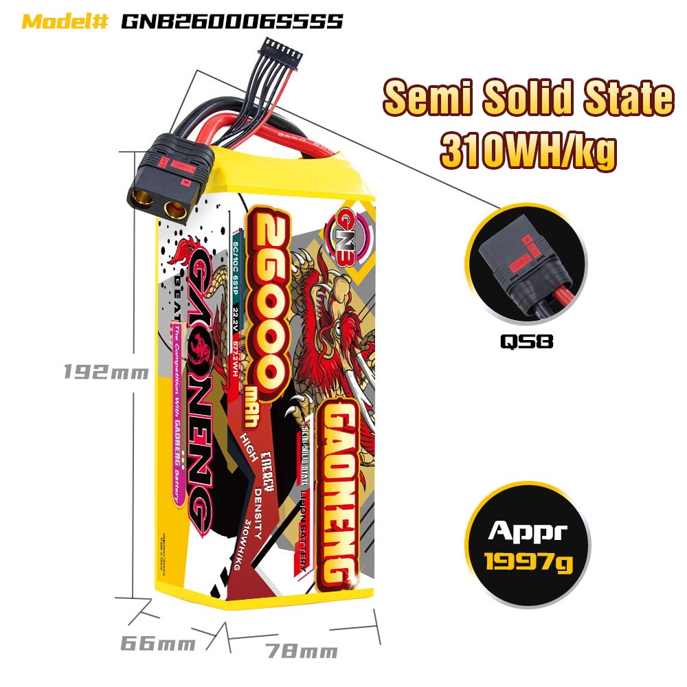 GAONENG GNB 26000mah 6S 22.2V 5C QS8 Semi Solid State Li-ion Battery 310WH/kg