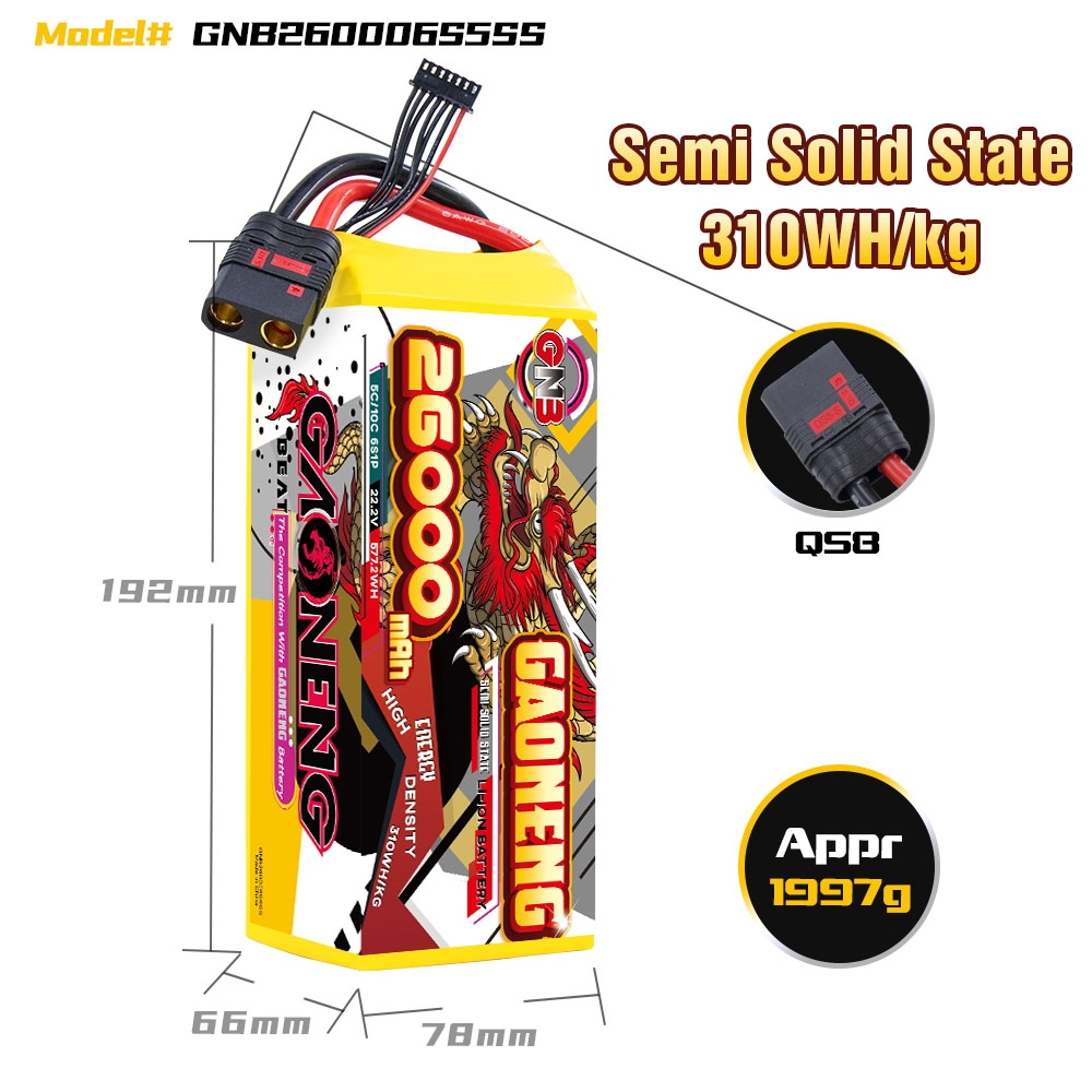 GAONENG GNB 26000mah 6S 22.2V 5C QS8 Semi Solid State Li-ion Battery 310WH/kg