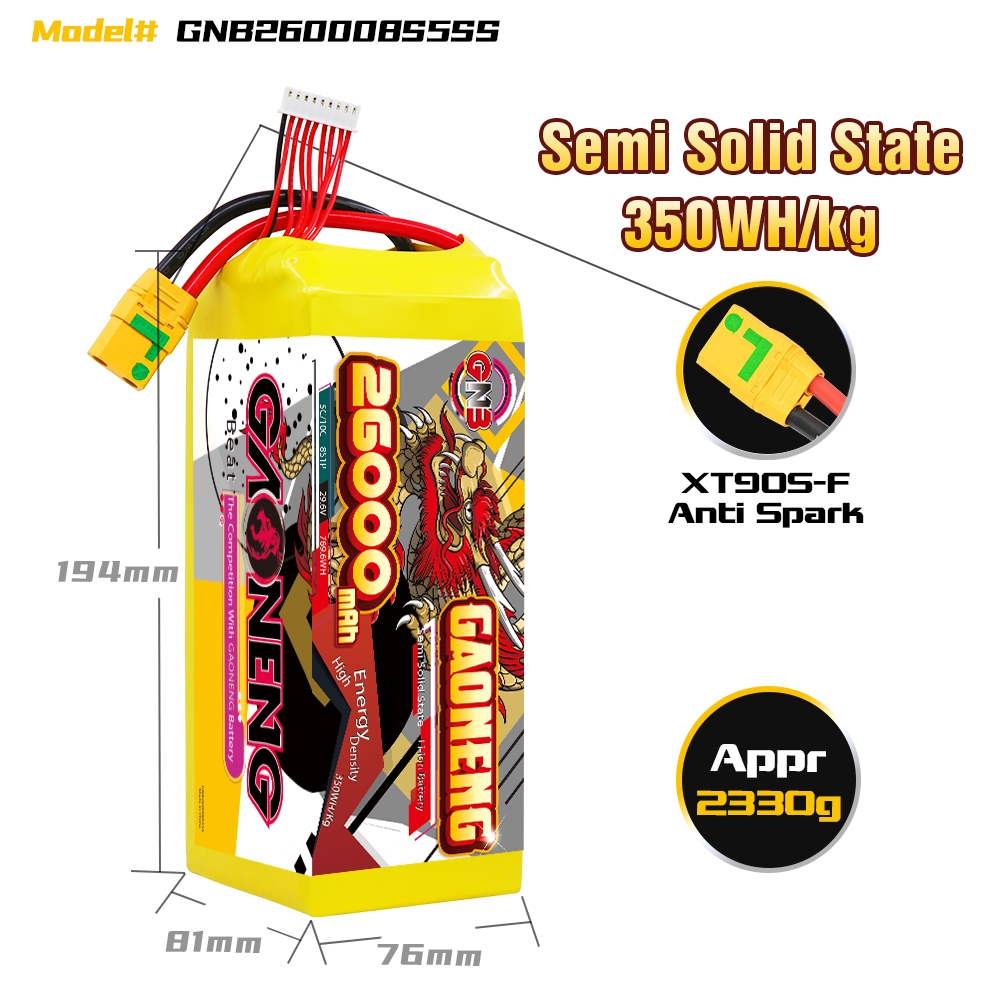 GAONENG GNB 26000mah 8S 29.6V 5C XT90S Semi Solid State Li-ion Battery 350WH/kg