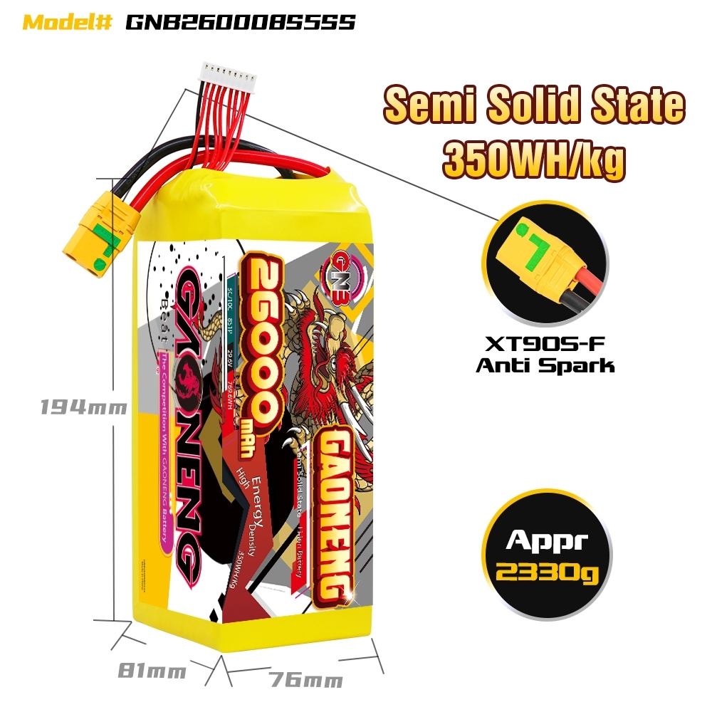 GAONENG GNB 26000mah 8S 29.6V 5C XT90S Semi Solid State Li-ion Battery 350WH/kg