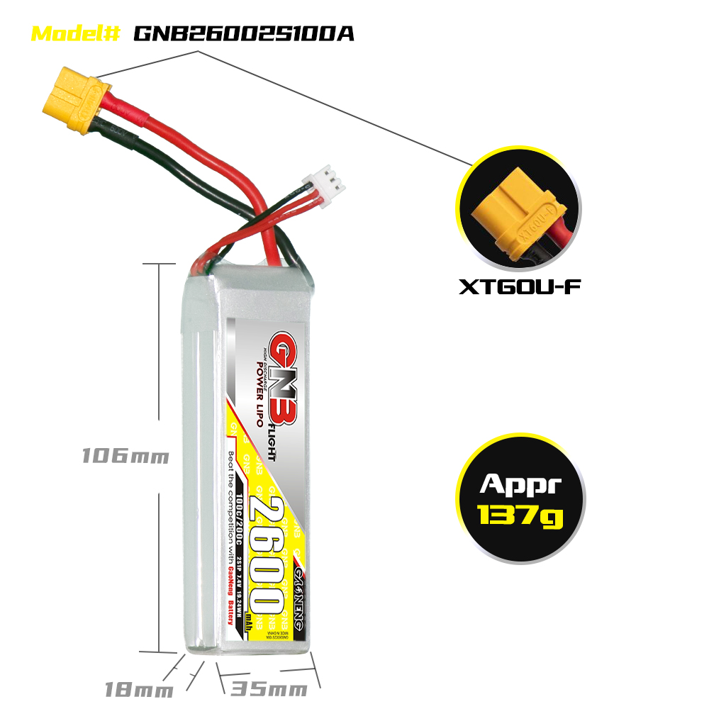 GAONENG GNB 2S 7.4V 2600mAh 100C LiPo Battery XT60