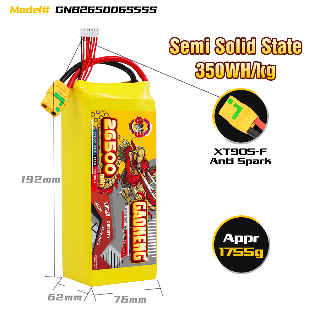 GAONENG GNB 26500mah 6S 22.2V 5C XT90S Semi Solid State Li-ion Battery 350WH/kg