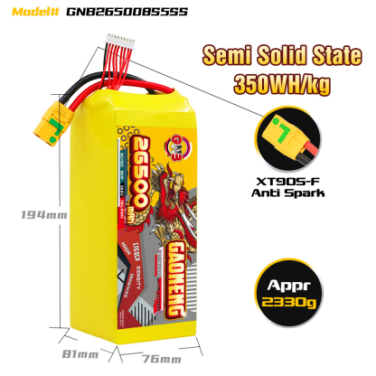 GAONENG GNB 26500mah 8S 29.6V 5C XT90S Semi Solid State Li-ion Battery 350WH/kg