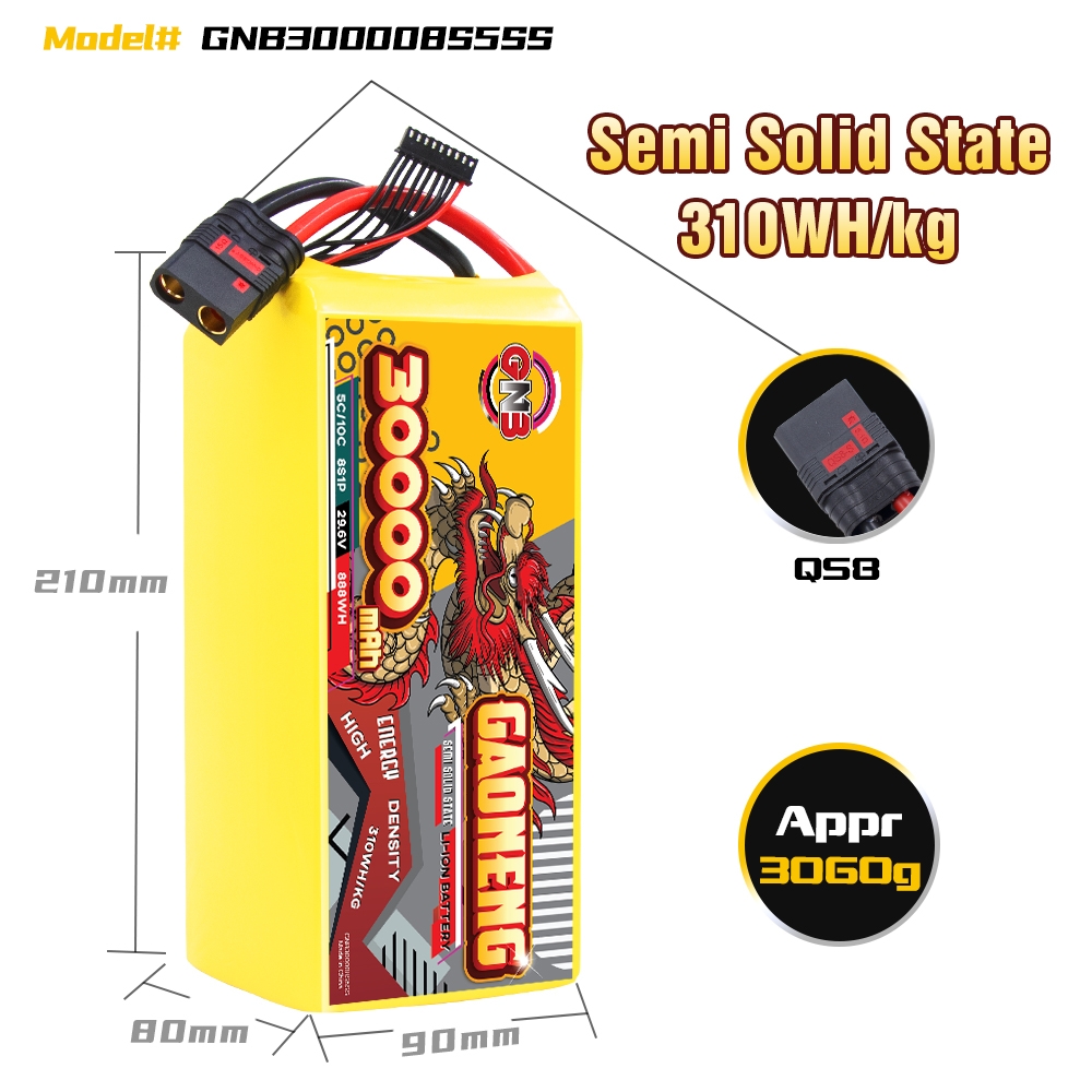 GAONENG GNB 30000mah 8S 29.6V 5C QS8 Semi Solid State Li-ion Battery 310WH/kg