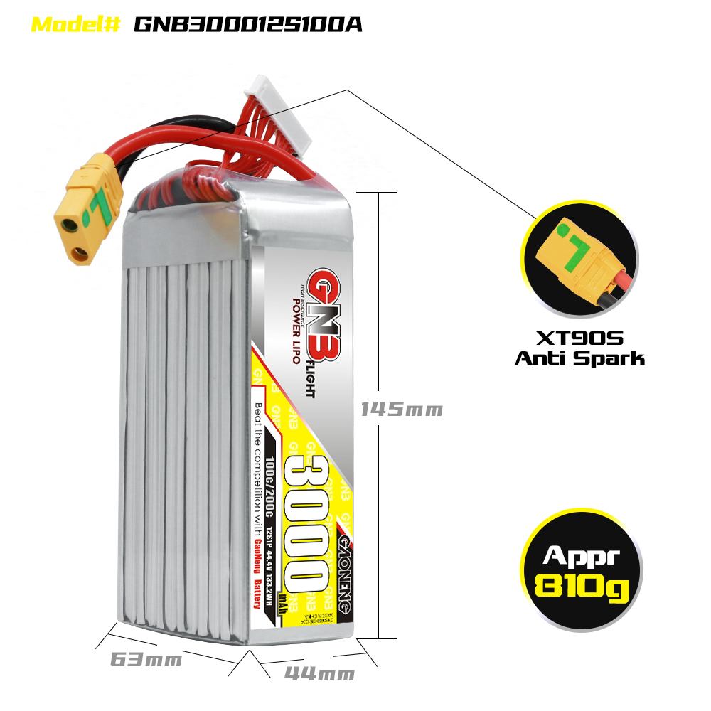 GAONENG GNB 12S 44.4V 3000mAh 100C LiPo Battery XT90S