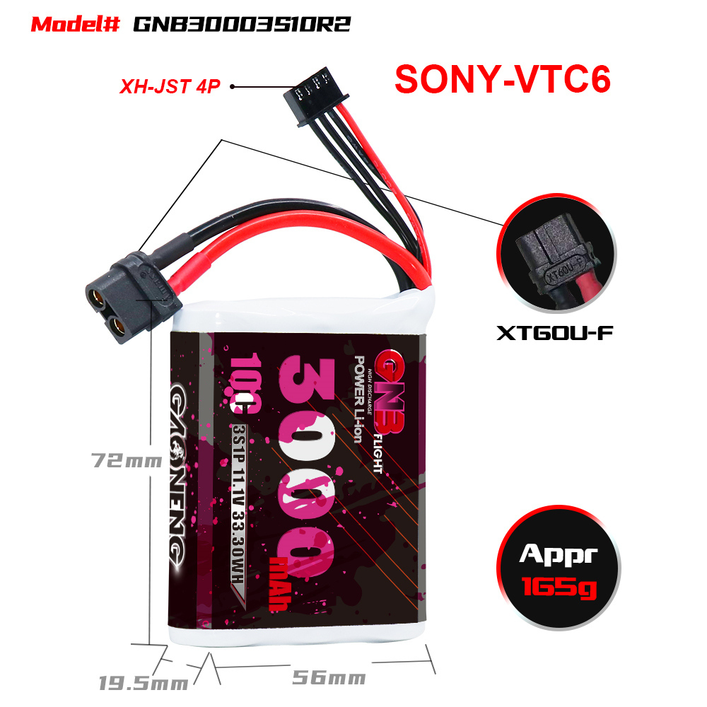 GAONENG GNB 3S 11.1V 3000mAh 10C XT60 Li-ion Battery made with Sony 18650 VTC6