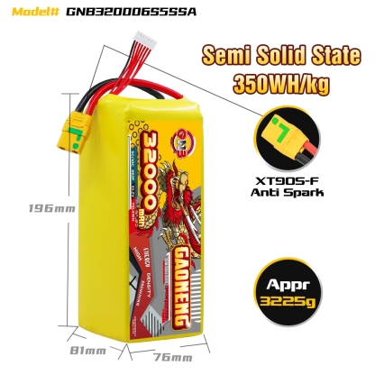 GAONENG GNB 32000mah 6S 22.2V 5C XT90S Semi Solid State Li-ion Battery 350WH/kg