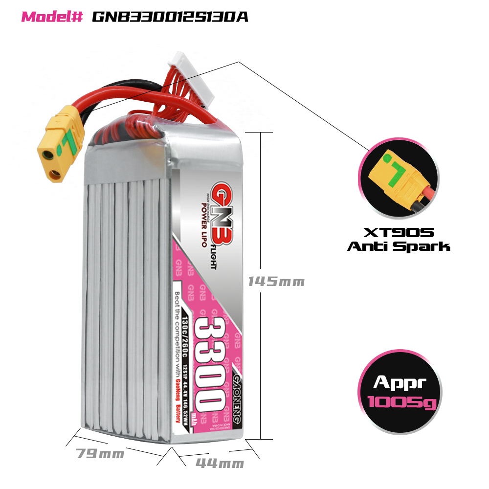 GAONENG GNB 12S 44.4V 3300mAh 130C LiPo Battery XT90S