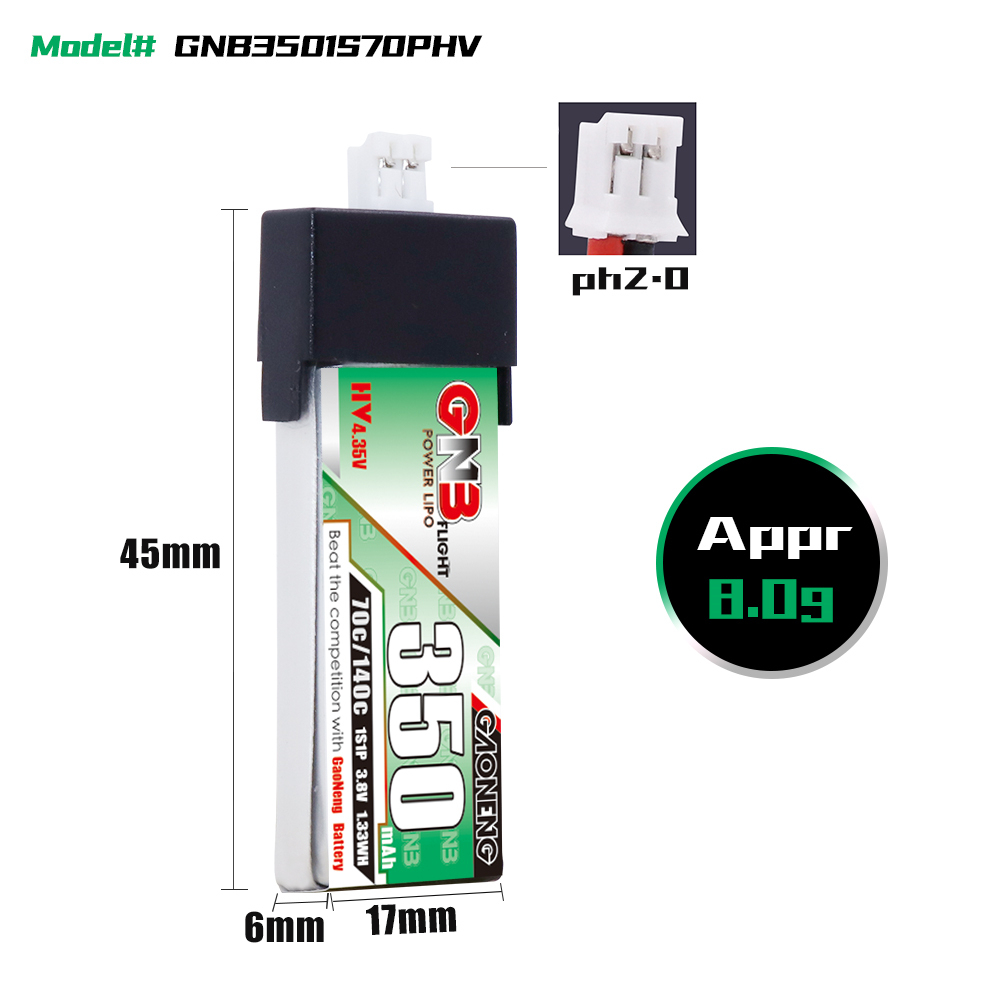 GAONENG GNB LiHV 1S 3.8V 350mAh 70C PH2.0 Plastic Head LiPo Battery