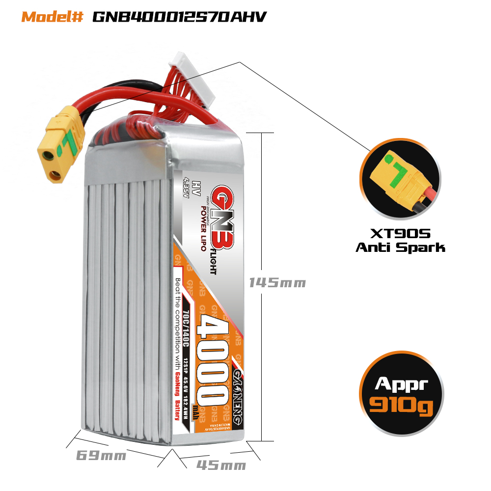 GAONENG GNB 12S1P 45.6V HV 4000mAh 70C LiPo Battery XT90S
