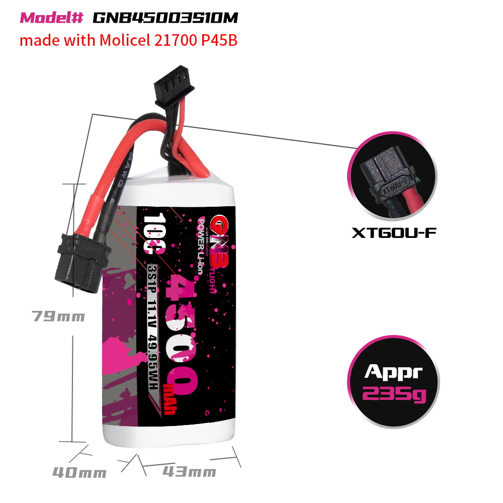 GAONENG GNB 3S 11.1V 4500mah 10C XT60 Li-ion Battery made with Molicel 21700 P45B