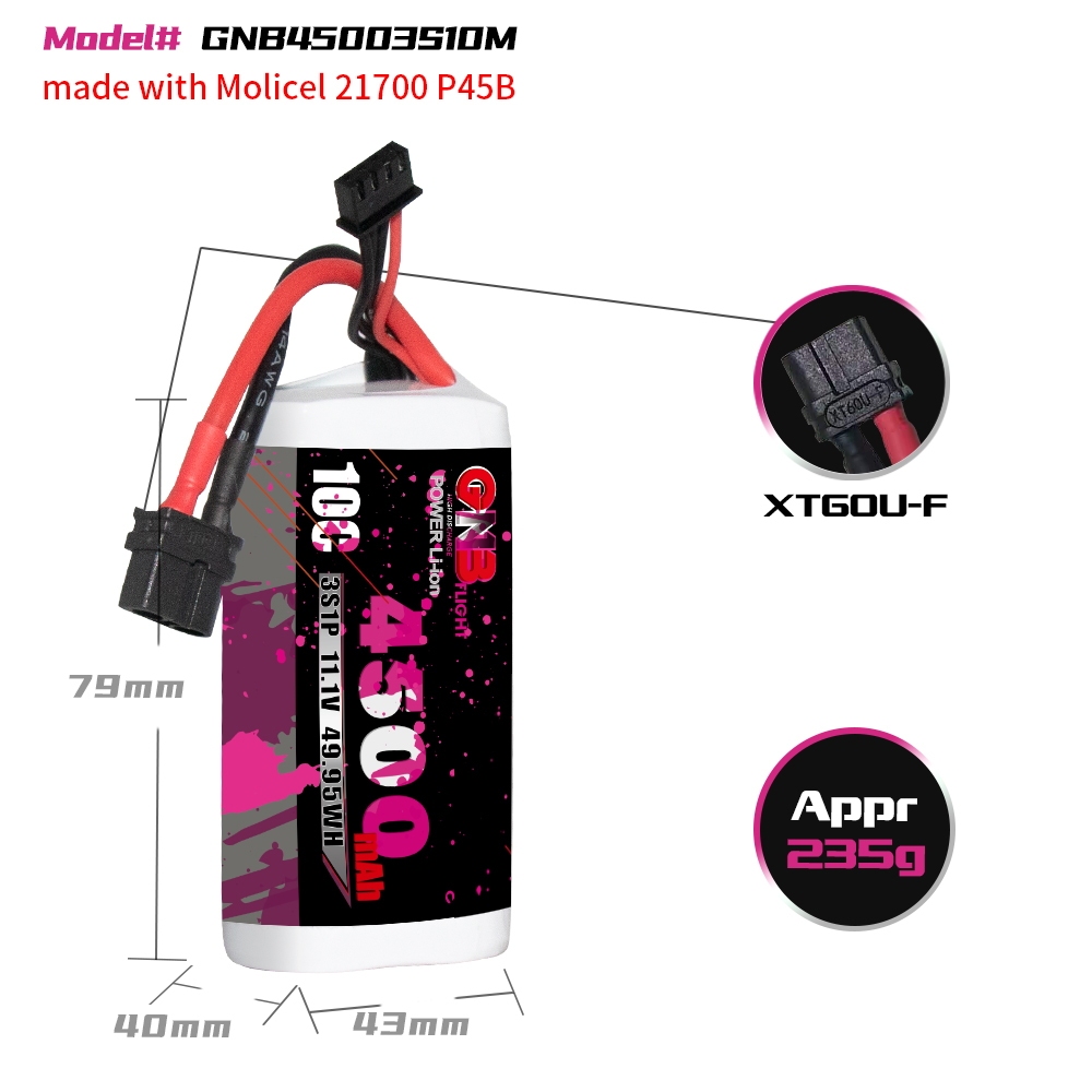 GAONENG GNB 3S 11.1V 4500mah 10C XT60 Li-ion Battery made with Molicel 21700 P45B