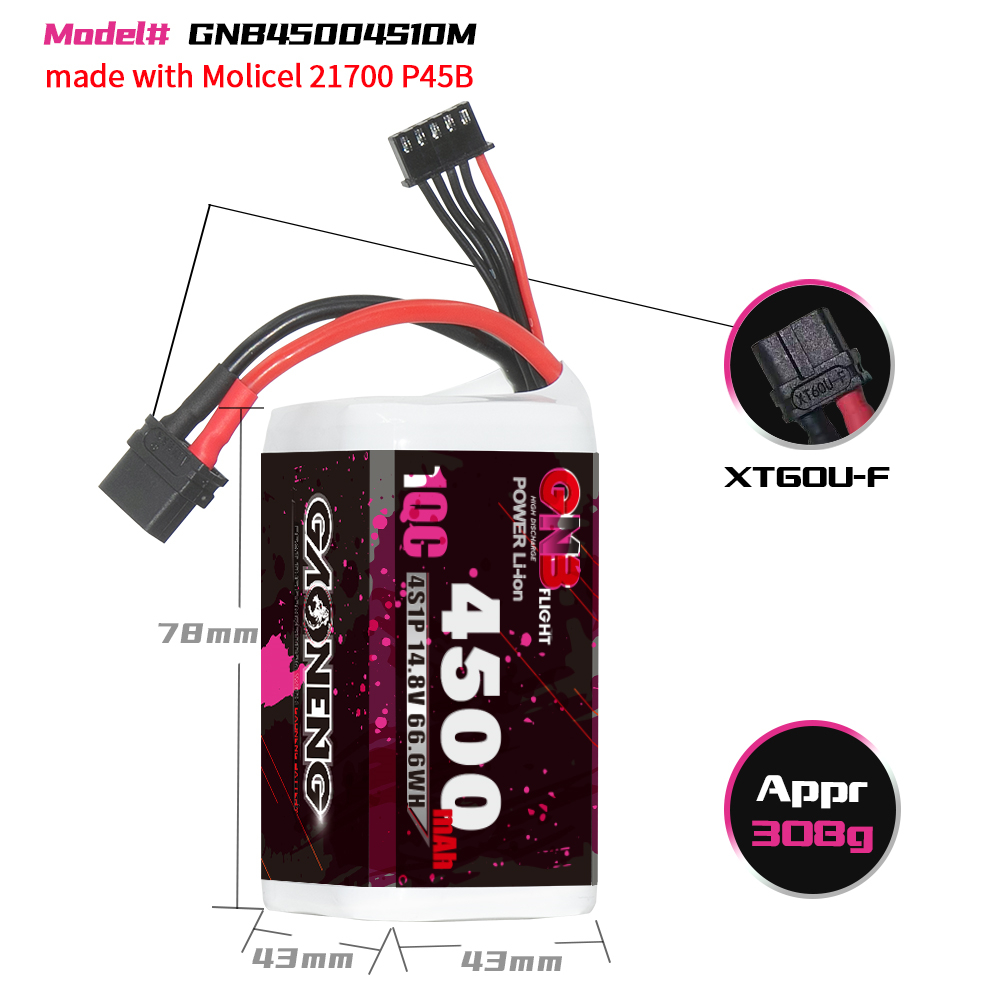 GAONENG GNB 4S 14.8V 4500mah 10C XT60 Li-ion Battery made with Molicel 21700 P45B