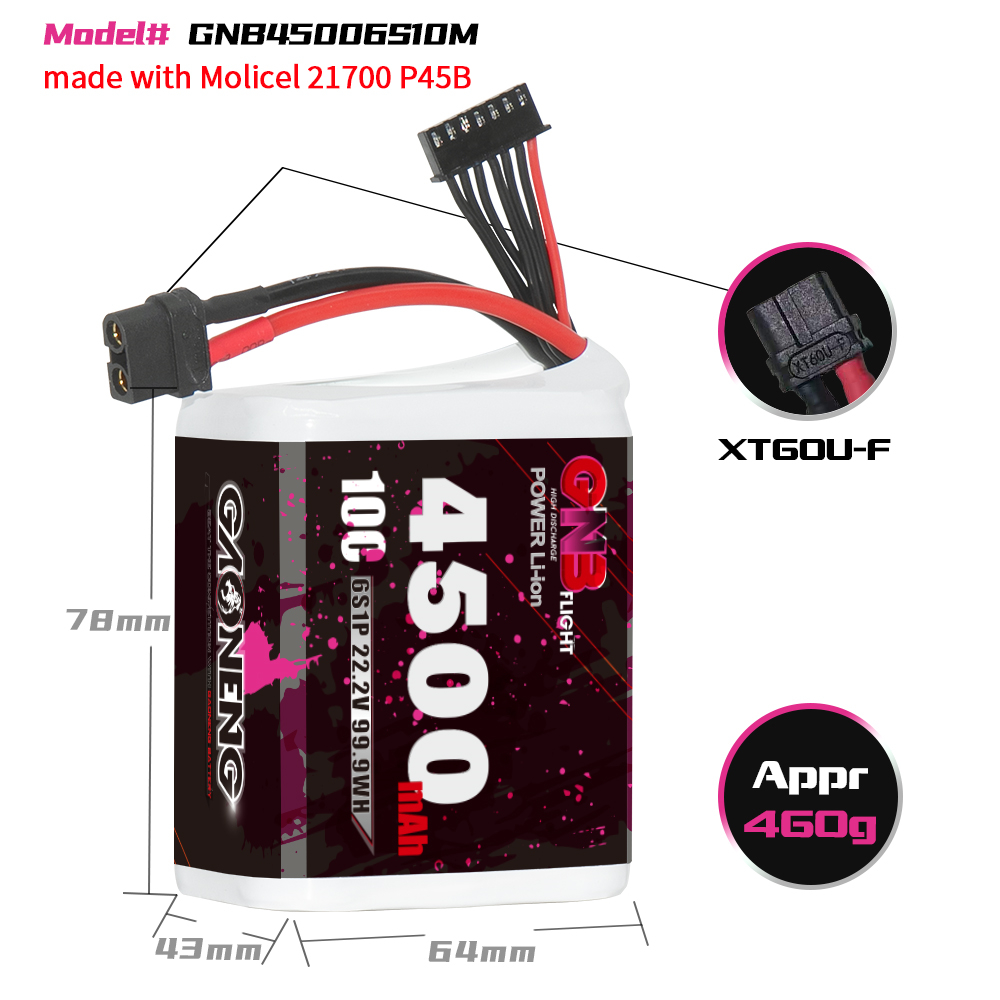 GAONENG GNB 6S 22.2V 4500mah 10C XT60 Li-ion Battery made with Molicel 21700 P45B