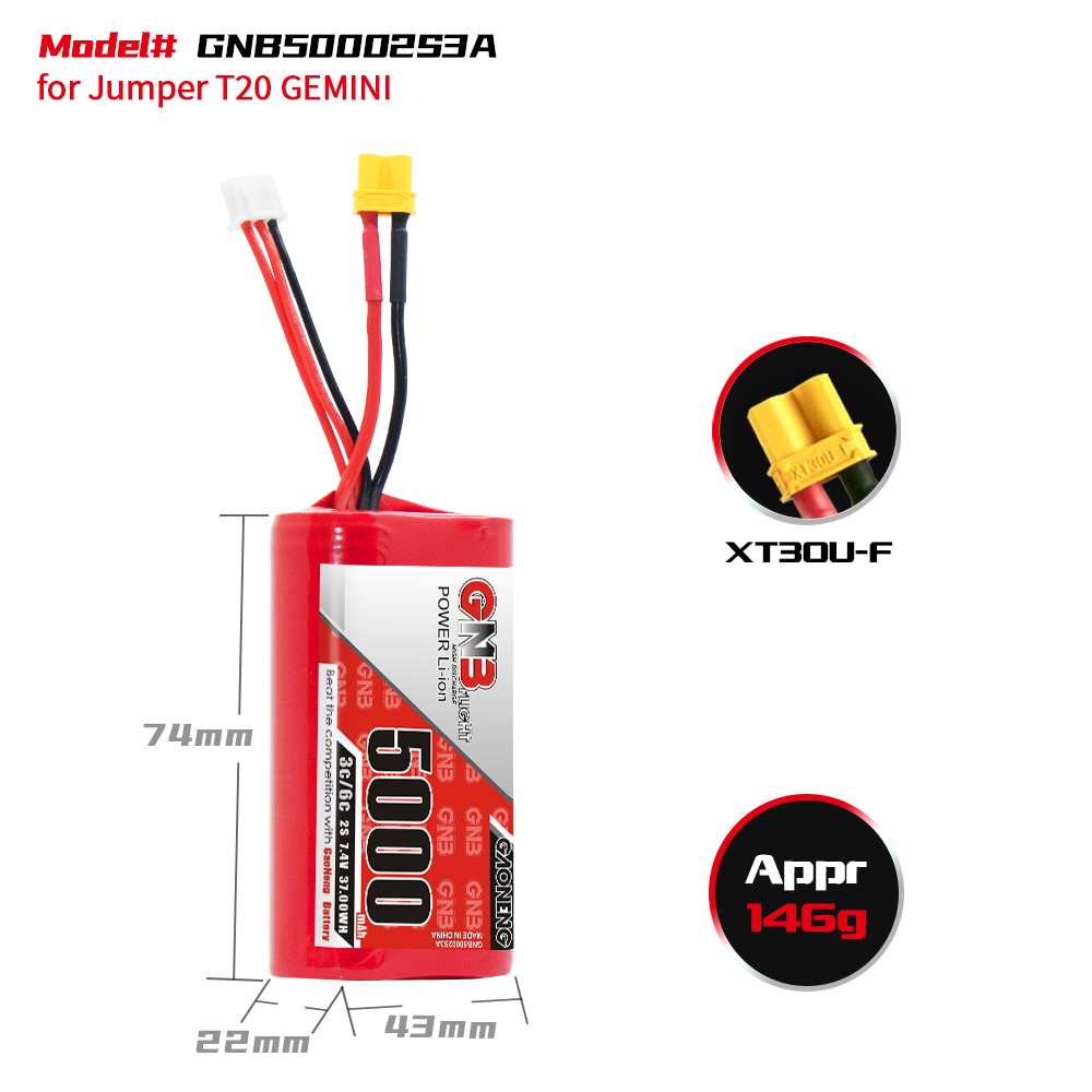 2PCS - GAONENG GNB 2S 7.4V 5000mah 3C LiPo Battery XT30 for Jumper T20 GEMINI